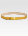 A shiny goldtone buckle accents this bright, beautiful, supple calfskin leather belt.About 1 wideImported