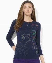 A faded equestrian print with romantic script adorns the front of Lauren Jeans Co.'s essential long-sleeved tee for a chic, timeworn look. (Clearance) A faded equestrian print with romantic script adorns the front of Lauren Jeans Co.'s essential long-sleeved tee for a chic, timeworn look. (Clearance)