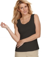 This easy tank top offers a feminine twist thanks to lace trim at the neckline, from JM Collection. This easy tank top offers a feminine twist thanks to lace trim at the neckline, from JM Collection.