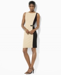 A chic two-toned design lends graphic appeal to Lauren Ralph Lauren's stylish sheath dress, finished with sleek hardware for a hint of equestrian inspiration. (Clearance) A chic two-toned design lends graphic appeal to Lauren Ralph Lauren's stylish sheath dress, finished with sleek hardware for a hint of equestrian inspiration. (Clearance)