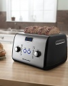 A four-slice, one-touch motorized lift control toaster features an LCD display with a digital progress bar and extra-wide 1.5 slots that accept the thickest bagels, breads or pastries.Please note: for use with US power sockets onlyDurable temperature knob with light/dark indicatorAll-metal constructionRemovable crumb trayLCD display with digital progress barKeep Warm, Bagel, Defrost, Reheat, and Toast/Cancel buttonsImported 