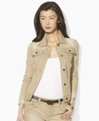 Lauren by Ralph Lauren's quintessential denim jacket gets a western-inspired update in a tan wash with boot-stitched details. Lauren by Ralph Lauren's quintessential denim jacket gets a western-inspired update in a tan wash with boot-stitched details.