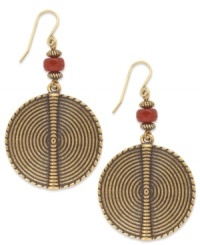 Get the drop on modern style with these earrings from Lauren Ralph Lauren. Textured discs are strung from fish wire accented with brown beads. Crafted in gold tone mixed metal. Approximate drop: 1 inches. Approximate diameter: 1-1/4 inches. Get the drop on modern style with these earrings from Lauren Ralph Lauren. Textured discs are strung from fish wire accented with brown beads. Crafted in gold tone mixed metal. Approximate drop: 1 inches. Approximate diameter: 1-1/4 inches.