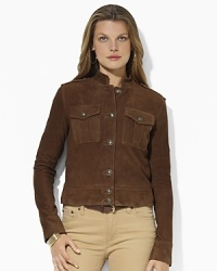 The styling of a denim jacket is given a luxurious update, crafted in supple suede to create an elegant wardrobe essential. The styling of a denim jacket is given a luxurious update, crafted in supple suede to create an elegant wardrobe essential.