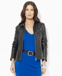 Lauren by Ralph Lauren's iconic motorcycle-inspired petite jacket gets a luxurious update in supple leather with perforated details. Lauren by Ralph Lauren's iconic motorcycle-inspired petite jacket gets a luxurious update in supple leather with perforated details.