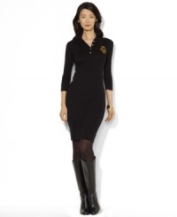 Lauren Ralph Lauren's classic petite polo dress is given a feminine update, rendered in soft ribbed cotton with three-quarter-length sleeves and a bold crest. Lauren Ralph Lauren's classic petite polo dress is given a feminine update, rendered in soft ribbed cotton with three-quarter-length sleeves and a bold crest.