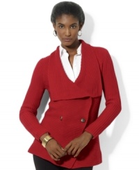 Lauren Ralph Lauren's double-breasted petite cardigan with an elegantly draped shawl collar creates a flattering silhouette that fastens at the waist with a Lauren Ralph Lauren button. Lauren Ralph Lauren's double-breasted petite cardigan with an elegantly draped shawl collar creates a flattering silhouette that fastens at the waist with a Lauren Ralph Lauren button.