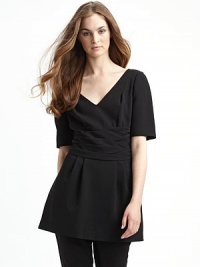 THE LOOKV necklineAngles seams at shouldersShort sleevesSingle welt pocket at chestSide slash pocketsRuched waistPleated hemSide zipperTHE FITAbout 30 from shoulder to hemTHE MATERIAL64% triacetate/36% polyesterFully linedCARE & ORIGINDry cleanMade in Italy THE LOOKV necklineAngles seams at shouldersShort sleevesSingle welt pocket at chestSide slash pocketsRuched waistPleated hemSide zipperTHE FITAbout 30 from shoulder to hemTHE MATERIAL64% triacetate/36% polyesterFully linedCARE & ORIGINDry cleanMade in Italy