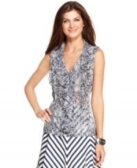 This semi-sheer printed blouse is a versatile essential, from Jones New York Signature. Create an of-the-moment ensemble when you pair it with a cami and a skirt in a contrasting print. This semi-sheer printed blouse is a versatile essential, from Jones New York Signature. Create an of-the-moment ensemble when you pair it with a cami and a skirt in a contrasting print.