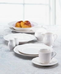 The clean white color and generous size make this mug from Mikasa's Antique White dinnerware and dishes collection perfect for serving frothy cappuccino.The unique geometric shape and clean, embossed design give it a modern sensibility. Perfect for everyday use. The clean white color and generous size make this mug from Mikasa's Antique White dinnerware and dishes collection perfect for serving frothy cappuccino.The unique geometric shape and clean, embossed design give it a modern sensibility. Perfect for everyday use.