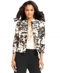 Kasper's open-front jacket is a statement piece, featuring a bold print that is sure to both match and liven up all your neutral basics. Kasper's open-front jacket is a statement piece, featuring a bold print that is sure to both match and liven up all your neutral basics.