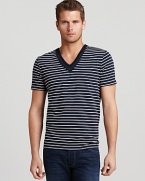 Nautical-themed stripes drop anchor on this handsome V-neck tee, constructed from majorly soft cotton for a comfortable, chilled out look and feel.