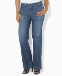 Lauren Jeans Co.'s chic wide-leg plus size pant is finished with a drawstring waist for comfort and style. Lauren Jeans Co.'s chic wide-leg plus size pant is finished with a drawstring waist for comfort and style.