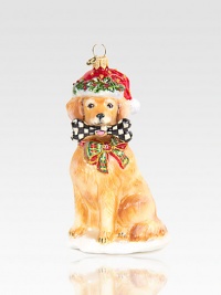 The perfect gift for that passionate golden retriever lover on your list, this pup is dressed for the holidays and brings his own Courtly Check bone to the party, in mouth-blown, hand-painted glass.Glass4.75H X 2.5W X 2.5DImported Please note: Due to their handmade nature, ornaments may vary slightly. 