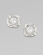 A center, faceted doublet surrounded by dazzling stones for a simply elegant style. Rhodium plated brassCrystalsCubic zirconiaCeramicSize, about ½Post backImported 
