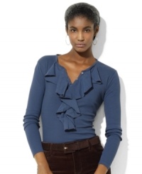 Soft jersey ruffles lend a chic complement to the neckline of Lauren Ralph Lauren's classic cotton henley. Soft jersey ruffles lend a chic complement to the neckline of Lauren Ralph Lauren's classic cotton henley.