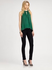 Contrasting leather halter tops this lengthy silk top with front-to-back cutouts and a tiered hem. Leather halterKeyhole cutoutTiered cropped front hemBack keyhole cutoutBody: SilkTrim: LeatherDry clean with leather specialistImported of Italian fabricModel shown is 5'11 (178cm) wearing US size Small.This style runs true to size. We recommend ordering your usual size for a standard fit. Contrasting leather halter tops this lengthy silk top with front-to-back cutouts and a tiered hem. Leather halterKeyhole cutoutTiered cropped front hemBack keyhole cutoutBody: SilkTrim: LeatherDry clean with leather specialistImported of Italian fabricModel shown is 5'11 (178cm) wearing US size Small.This style runs true to size. We recommend ordering your usual size for a standard fit.