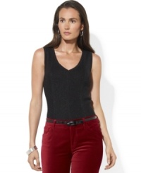 Whether worn alone or layered with a favorite topper, Lauren Ralph Lauren's shimmering knit V-neck adds tasteful twinkle to any ensemble. Whether worn alone or layered with a favorite topper, Lauren Ralph Lauren's shimmering knit V-neck adds tasteful twinkle to any ensemble.
