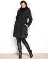 DKNY's plus size wool-blend coat features a swingy, empire-waist silhouette and a knit collar for an extra-cozy touch!