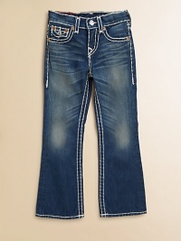 A dark-wash, five-pocket style is updated with whiskering, fading and bold, white topstitching in a bootcut silhouette.Front button closureAdjustable waistband with belt loopsZip flyFive-pocket styleCottonMachine washImported of domestic fabric A dark-wash, five-pocket style is updated with whiskering, fading and bold, white topstitching in a bootcut silhouette.Front button closureAdjustable waistband with belt loopsZip flyFive-pocket styleCottonMachine washImported of domestic fabric