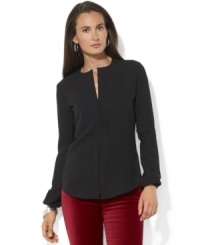 Lauren Ralph Lauren's long-sleeved blouse in a breezy silhouette is accented with a flirty keyhole opening at the front and finished with a hidden placket for a modern update to a wardrobe must-have. Lauren Ralph Lauren's long-sleeved blouse in a breezy silhouette is accented with a flirty keyhole opening at the front and finished with a hidden placket for a modern update to a wardrobe must-have.