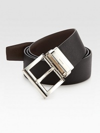 Textured saffiano leather with logo engraved metal buckle.LeatherAbout 1¼Made in Italy Textured saffiano leather with logo engraved metal buckle.LeatherAbout 1¼Made in Italy