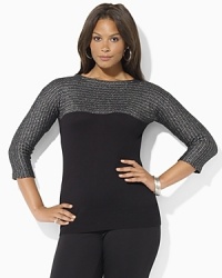 A luxuriously soft sweater with a flattering bateau neckline is accented with a panel of interwoven Lurex® at the chest and sleeves for a glamorous update. A luxuriously soft sweater with a flattering bateau neckline is accented with a panel of interwoven Lurex® at the chest and sleeves for a glamorous update.