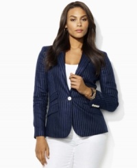A chic, tailored construction and slim pinstripes lend an air of vintage elegance to this plus size Lauren by Ralph Lauren jacket. (Clearance) A chic, tailored construction and slim pinstripes lend an air of vintage elegance to this plus size Lauren by Ralph Lauren jacket. (Clearance)