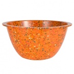 This bowl is made of recycled durable melamine. It would make a fun addition to any kitchen. The bowl is durable enough to use with an electric mixer. Stain resistant.