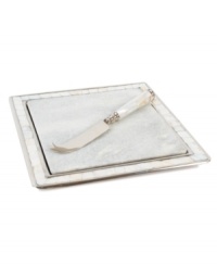 Enhance the elegant style of any table setting with the beauty of Mother of Pearl. Beveled lines of carved steel trim surround each piece of this serveware set with classic style, only from Lauren by Ralph Lauren. Enhance the elegant style of any table setting with the beauty of Mother of Pearl. Beveled lines of carved steel trim surround each piece of this serveware set with classic style, only from Lauren by Ralph Lauren.