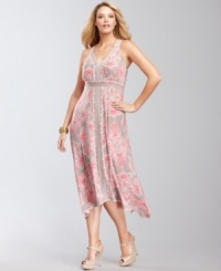 Floaty and ethereal, INC's plus size printed dress features sexy straps and an adorable handkerchief hem! Floaty and ethereal, INC's plus size printed dress features sexy straps and an adorable handkerchief hem!