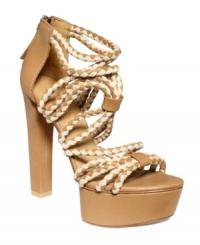 Roped up is the way to go. The unique upper of L.A.M.B.'s Maroisa Rope platform sandals provides a striking contrast against the mega platform and heel. Roped up is the way to go. The unique upper of L.A.M.B.'s Maroisa Rope platform sandals provides a striking contrast against the mega platform and heel.
