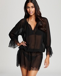 Lattice, laser-cut edging defines this sweepingly romantic Gottex swim coverup-set sail for destination anywhere. Lattice, laser-cut edging defines this sweepingly romantic Gottex swim coverup-set sail for destination anywhere.
