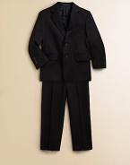 Impeccable tailoring in a luxurious wool fabric with all the right details. Blazer Notched collarLong sleeves with button detailSingle-breasted with front button closureTwo front flap pocketsDouble back vents Pants Front button closureZip flyFront slash pocketsWoolDry cleanImported Please note: Number of buttons may vary depending on size ordered. 