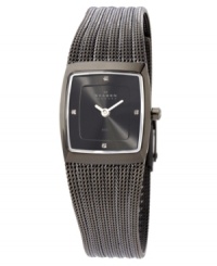 This sleek mesh watch by Skagen Denmark is accented with just the right amount of glitz. Charcoal stainless steel mesh bracelet and square case. Charcoal dial with logo and Swarovski crystals at three o'clock, six o'clock, nine o'clock and twelve o'clock. Quartz movement. Water resistant to 30 meters. Limited lifetime warranty. This sleek mesh watch by Skagen Denmark is accented with just the right amount of glitz. Charcoal stainless steel mesh bracelet and square case. Charcoal dial with logo and Swarovski crystals at three o'clock, six o'clock, nine o'clock and twelve o'clock. Quartz movement. Water resistant to 30 meters. Limited lifetime warranty.