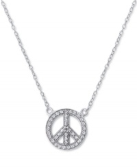 Give peace a chance! Studio Silver's symbolic statement pendant features a cut-out peace sign shape with a unique textured surface. Set in sterling silver with rhodium plating to prevent tarnishing. Approximate length: 16 inches + 2-inch extender. Approximate drop: 1/2 inch. Give peace a chance! Studio Silver's symbolic statement pendant features a cut-out peace sign shape with a unique textured surface. Set in sterling silver with rhodium plating to prevent tarnishing. Approximate length: 16 inches + 2-inch extender. Approximate drop: 1/2 inch.