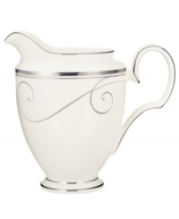 Fluid platinum scrolls glide freely throughout this beautiful fine china creamer from Noritake. Easy to match with any decor, the fresh and elegant Platinum Wave collection of dinnerware and dishes is a timeless look for fine dining or luxurious everyday meals. Holds 10 oz. Fluid platinum scrolls glide freely throughout this beautiful fine china creamer from Noritake. Easy to match with any decor, the fresh and elegant Platinum Wave collection of dinnerware and dishes is a timeless look for fine dining or luxurious everyday meals. Holds 10 oz.