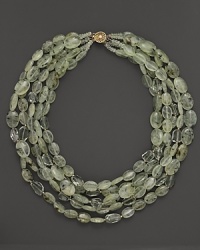 A bold five-strand necklace in a mix of prehnite and green amethyst from Lara Gold for LTC. A bold five-strand necklace in a mix of prehnite and green amethyst from Lara Gold for LTC.