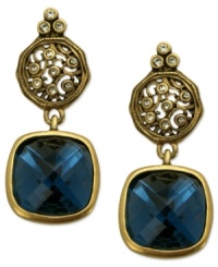 Soothing Montana Blue crystals in a cushion-cut are adorned by ornate scroll disks with glittering crystal accents on these Essentials collection drop earrings from T Tahari. Nickel-free for sensitive skin. Set in 14k gold-plated mixed metal. Approximate drop: 1-1/2 inches.
