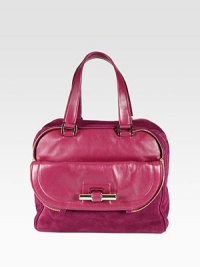 Ultra-smooth calfskin leather, rich suede and polished zipper accents combine in this roomy carryall. Double leather top handles, 8 dropTop zip closureOne outside flap and zip pocketProtective metal feetOne inside zip pocketCanvas lining12¼W X 8½H X 4¾DMade in Italy Ultra-smooth calfskin leather, rich suede and polished zipper accents combine in this roomy carryall. Double leather top handles, 8 dropTop zip closureOne outside flap and zip pocketProtective metal feetOne inside zip pocketCanvas lining12¼W X 8½H X 4¾DMade in Italy