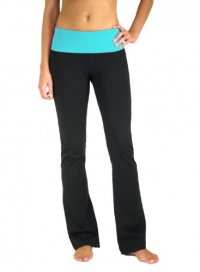 5021-AQ-S-31 Flared leg, fold over waistband yoga pants Size: Small (0-4) - 31 inch inseam (regular) Color: Aqua waistband / black pant 5021-AQ-S-31 Flared leg, fold over waistband yoga pants Size: Small (0-4) - 31 inch inseam (regular) Color: Aqua waistband / black pant