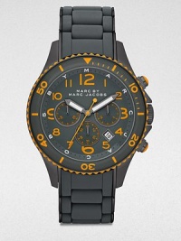 A signature design with timeless elements, set in stainless steel with tonal textures, a three-eye chronograph function and date display, stylishly finished with a smooth, silicone wrap bracelet.Chronograph movementRound bezelWater resistant to 5ATMDate display at 5 o'clock Second handStainless steel case: 46mm(1.81)Silicone wrap braceletImported A signature design with timeless elements, set in stainless steel with tonal textures, a three-eye chronograph function and date display, stylishly finished with a smooth, silicone wrap bracelet.Chronograph movementRound bezelWater resistant to 5ATMDate display at 5 o'clock Second handStainless steel case: 46mm(1.81)Silicone wrap braceletImported