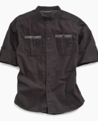 Change is good. Mix up his button-down duds with this faux-collar DKNY shirt for a look that's just different enough. Change is good. Mix up his button-down duds with this faux-collar DKNY shirt for a look that's just different enough.