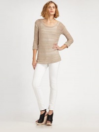 Textural, semi-sheer boatneck with dropped shoulders and a slightly fitted design. BoatneckDropped shouldersLong sleevesLonger length hits below the hips68% acrylic/32% nylonDry cleanImportedModel shown is 5'10½ (179cm) wearing US size 4. Textural, semi-sheer boatneck with dropped shoulders and a slightly fitted design. BoatneckDropped shouldersLong sleevesLonger length hits below the hips68% acrylic/32% nylonDry cleanImportedModel shown is 5'10½ (179cm) wearing US size 4.