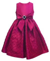 Textured taffeta paired with a jeweled buckle bow gives this dress from Jayne Copeland a pretty addition to her wardrobe. Textured taffeta paired with a jeweled buckle bow gives this dress from Jayne Copeland a pretty addition to her wardrobe.