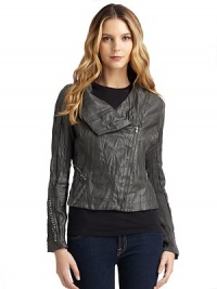 THE LOOKDraped neckline detailOffset asymmetrical zip closureLong chain cuff sleeves with ribbed knit panelPrincess seams and seam detailsChain accentsSeam detailsTHE FITAbout 21 from shoulder to hemTHE MATERIALPolyurethaneFully linedCARE & ORIGINDry clean ImportedModel shown is 5'10 (177cm) wearing US size Small. THE LOOKDraped neckline detailOffset asymmetrical zip closureLong chain cuff sleeves with ribbed knit panelPrincess seams and seam detailsChain accentsSeam detailsTHE FITAbout 21 from shoulder to hemTHE MATERIALPolyurethaneFully linedCARE & ORIGINDry clean ImportedModel shown is 5'10 (177cm) wearing US size Small.