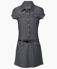 Dressy denim. This dress from Guess has all the adorable details to keep her cute, including oversize buttons, button-down pockets and a dainty accessory belt. Dressy denim. This dress from Guess has all the adorable details to keep her cute, including oversize buttons, button-down pockets and a dainty accessory belt.