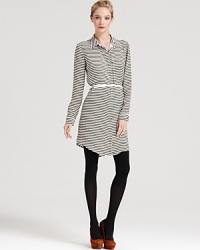 Slim tonal stripes neutralize this silk-spun Theory dress, accompanied by a complementary belt for a flattering cinched silhouette. Slim tonal stripes neutralize this silk-spun Theory dress, accompanied by a complementary belt for a flattering cinched silhouette.