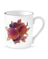 Juicy peaches and blackberries add a sweet taste of summer to this Evesham mug, crafted of pristine porcelain with a lustrous gold rim by Royal Worcester. Juicy peaches and blackberries add a sweet taste of summer to this Evesham mug, crafted of pristine porcelain with a lustrous gold rim by Royal Worcester.