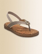 A sparkle thong strap on a cork-lined footbed, delightfully adorned with a rhinestone signature medallion.Sparkle fabric upperRhinestone medallionMetallic faux leather pipingBack elastic strap for easy fitPadded insoleComposite rubber soleCork footbedImported